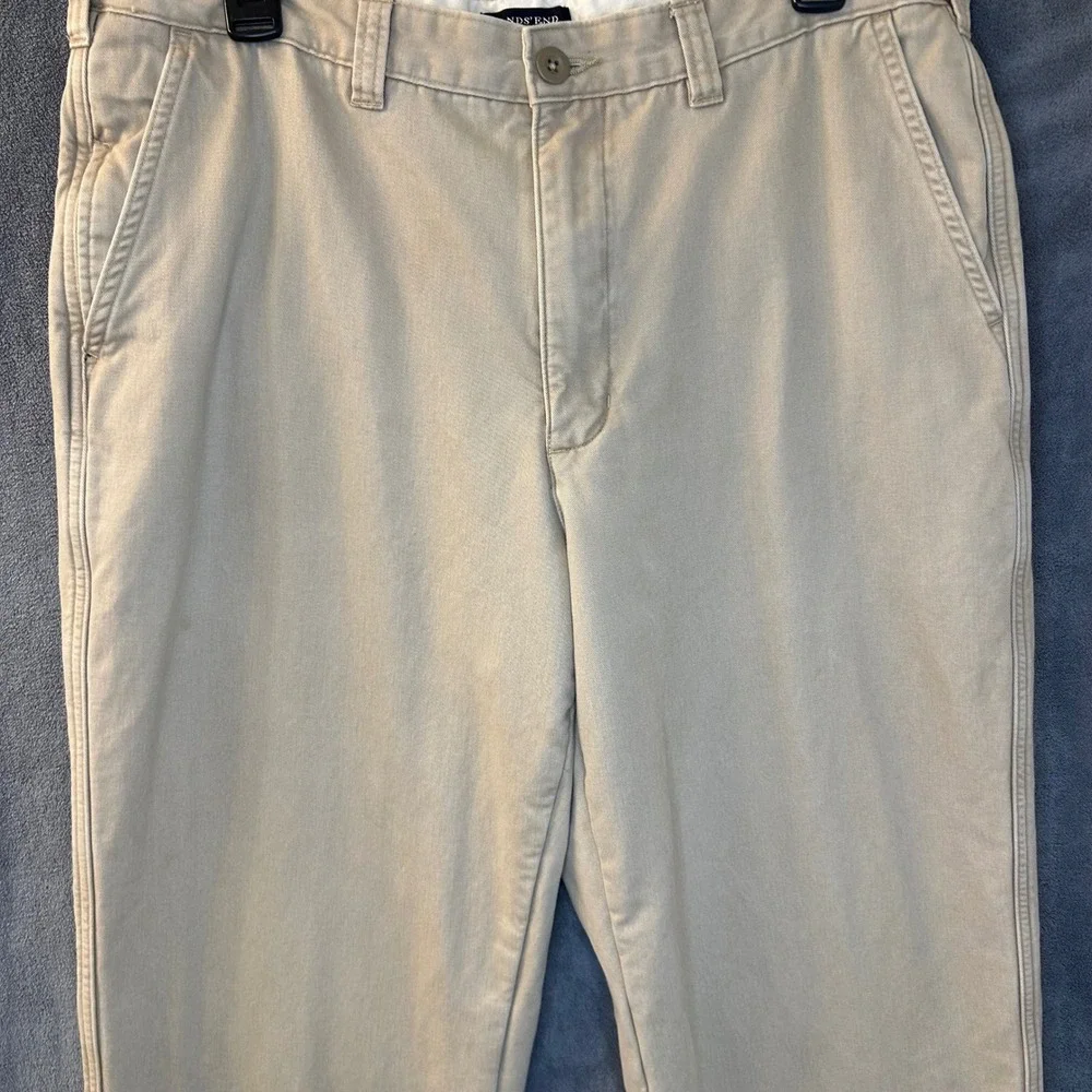Lands End Mens 34x31 Traditional Fit Plaid Flannel Lined Chino Pants Khaki